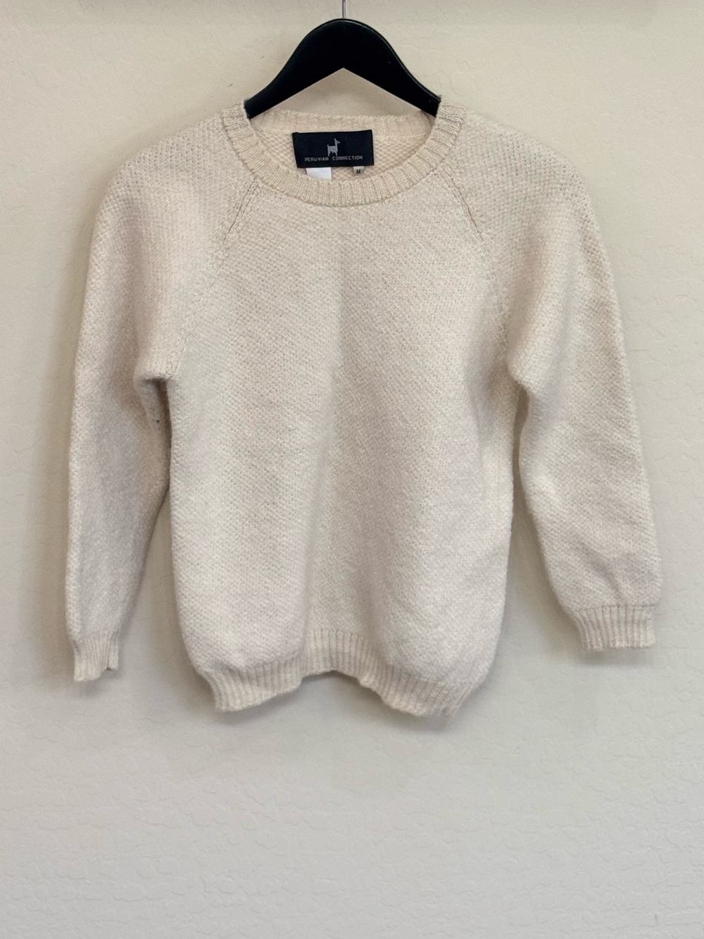 Peruvian Connection 100% Alpaca Cream Textured Knit Raglan Sweater Size M